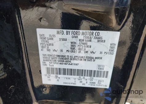 2006 Ford F-150 Fx4/Lariat/Xl/Xlt from USA, damaged, VIN 1FTPX14516FA41197